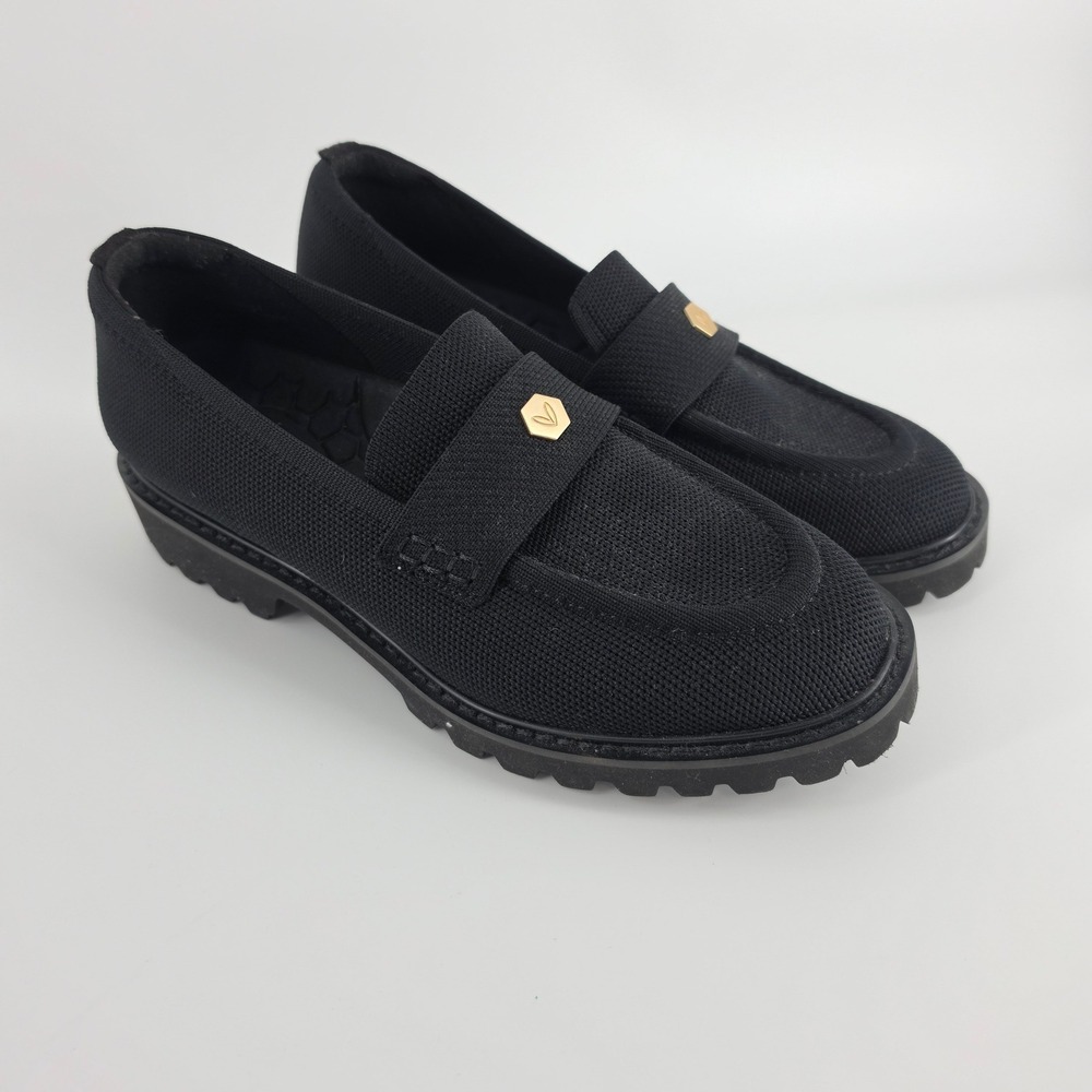 Vivaia Francesca Loafers 38 Black Knit Chunky Lug Sole Gold Hardware Academia